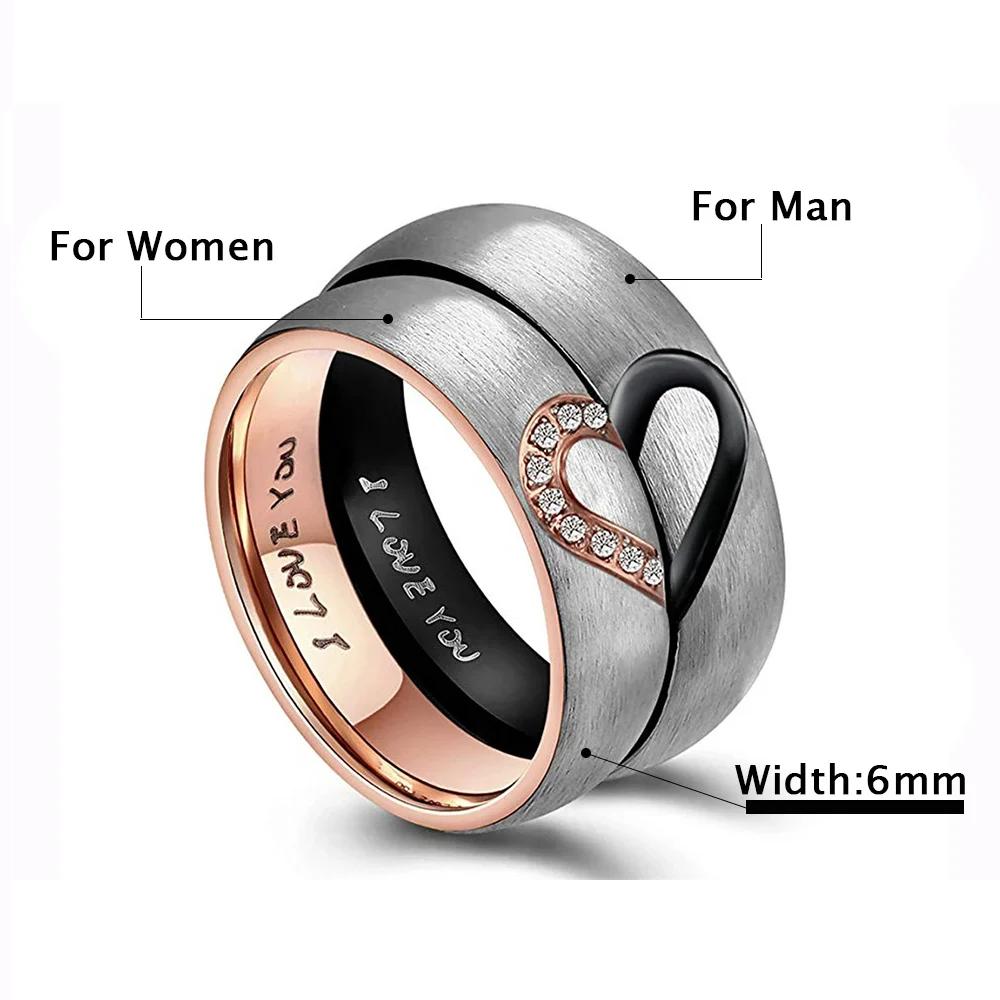 Rose Gold/Black Color Heart Couple Rings Stainless Steel Couples Lovers Love Promise Ring For Men Women Jewelry Dropshipping