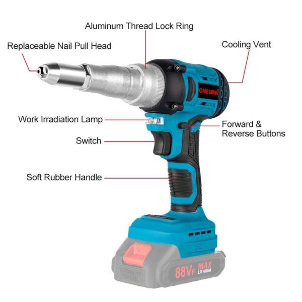 ONEVAN Cordless Brushless Electric Rivet Gun 20000N 2.4~5.0mm 720W Drill Insert Power Tools Nail Guns Power Tools Tools Tools and Home Improvement