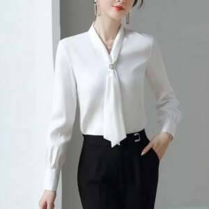 Graceful Bow Symphony Elegant Office Lady Shirt Chic Long Sleeve Blouse Tops Shirts and Blouses Women’s Clothing Women’s Fashion