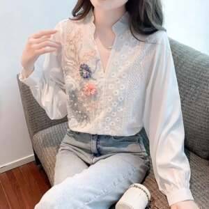 Chic Charm Lace Slit Embroidery Blouse All-Match Tops for 2023 Autumn Fashion Shirts and Blouses Women’s Clothing Women’s Fashion