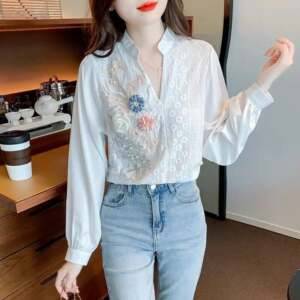 Chic Charm Lace Slit Embroidery Blouse All-Match Tops for 2023 Autumn Fashion Shirts and Blouses Women’s Clothing Women’s Fashion