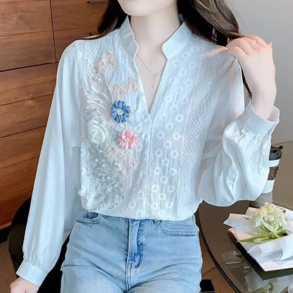 Chic Charm Lace Slit Embroidery Blouse All-Match Tops for 2023 Autumn Fashion Shirts and Blouses Women’s Clothing Women’s Fashion