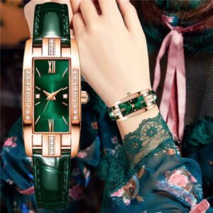 Women’s Rectangle Watch and Jewelry Set Green and Red Leather Quartz Timepiece Ensemble Jewelry and Watches Women’s Watches