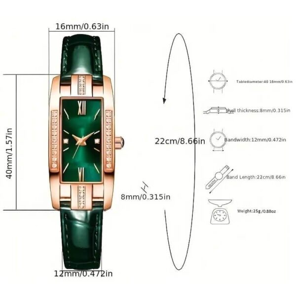 Women’s Rectangle Watch and Jewelry Set Green and Red Leather Quartz Timepiece Ensemble Jewelry and Watches Women’s Watches