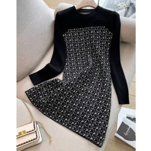 Long Sleeve Patchwork Grid Dress Women’s Fashionable O Neck Attire Dresses Women’s Clothing Women’s Fashion