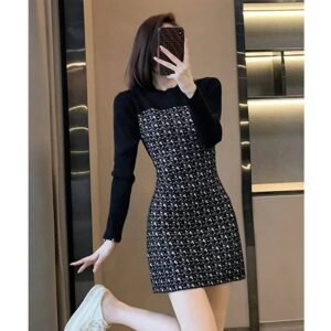 Long Sleeve Patchwork Grid Dress Women’s Fashionable O Neck Attire Dresses Women’s Clothing Women’s Fashion