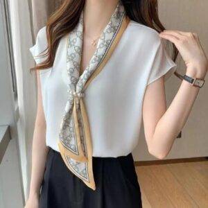 Summer Fashion Commute Printed Scarf Collar Spliced Shirt Women’s Clothing Korean Simplicity Spliced Short Sleeve Blouse Female Shirts and Blouses Women’s Clothing Women’s Fashion