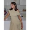 Elegant Women's Pleated Midi Dress Irregular Neck Office Lady Style