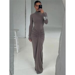 Women's High Waist Pleated Maxi Dress Long Sleeve Solid Party Outfit