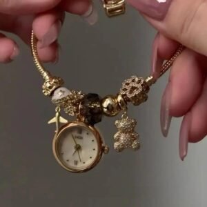 High-Quality Women’s Plane Bear Bracelet Watch Vintage Gold Charm