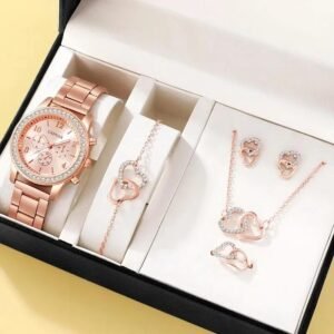 6PCS Rose Gold Ladies Fashion Set Luxury Watch with Matching Accessories