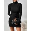 Black Elegant Bodycon Party Dress Women's Long Sleeve Turtleneck Style