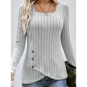 Stylish Ribbed Button Decor T-Shirt Square Neck Long Sleeve Casual Wear